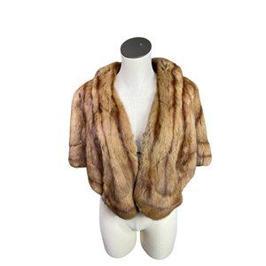 Vintage Light Brown Tan Mink Fur Wrap Cape with Floral Silk Lining